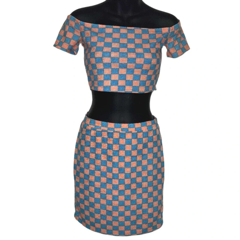 Blue Pink Checkered Juniors Two Piece Off Shoulder Crop Top Mini Skirt S NWOT